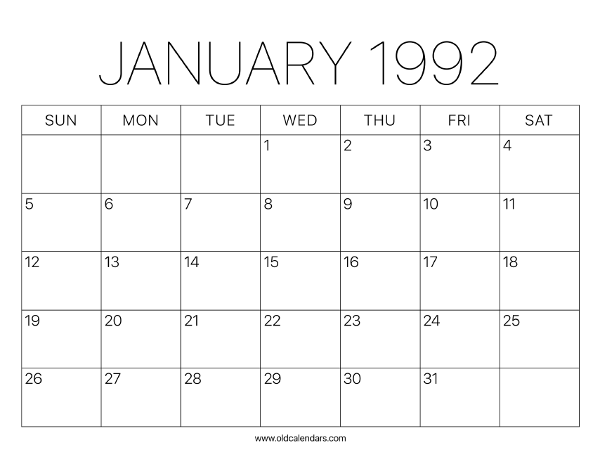 1992 Calendar January Printable Old Calendars
