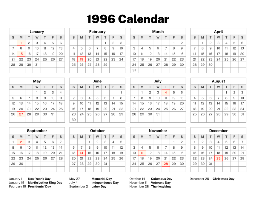 1996 Calendar Old Calendars