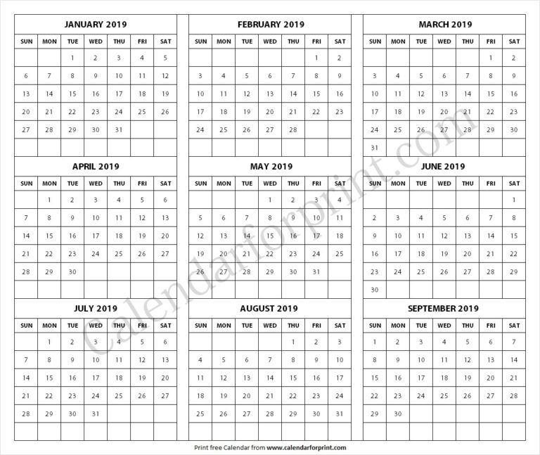 2019 January September Calendar Calendar Notes September Calendar 