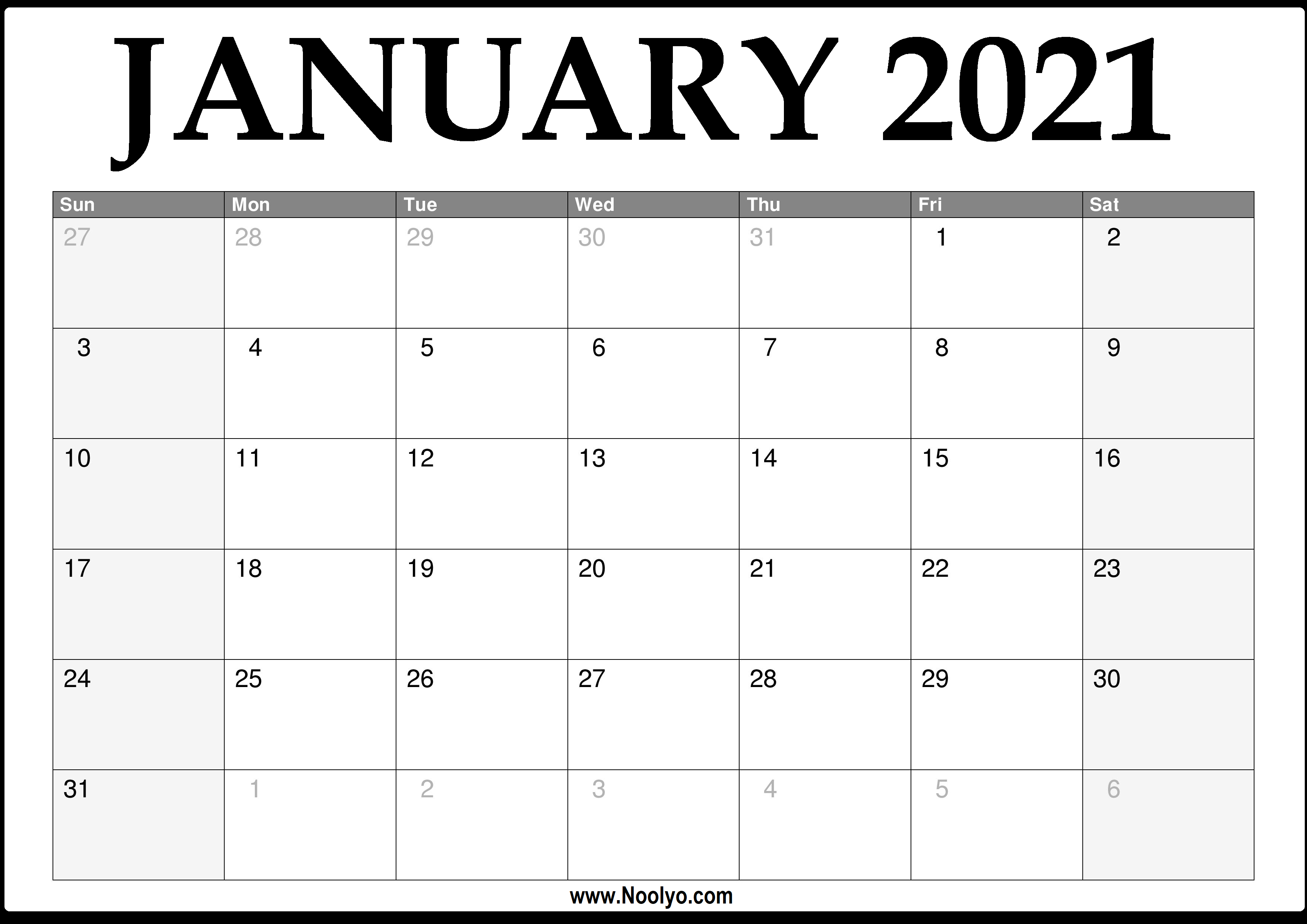 2021 January Calendar Printable Download Free Noolyo