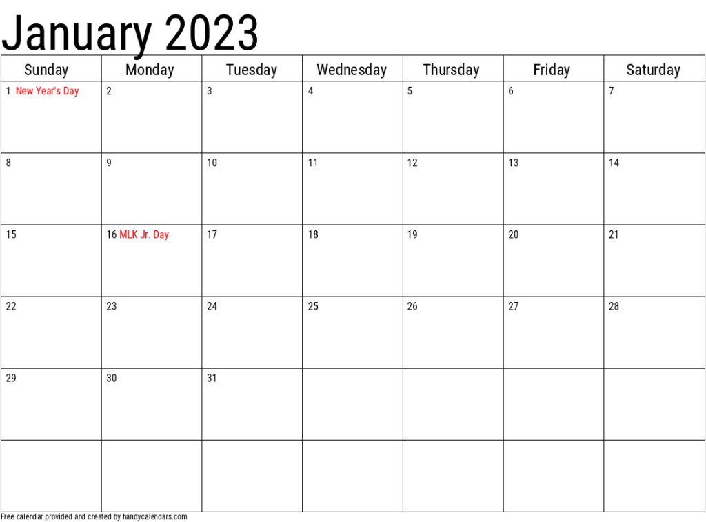 2023 January Calendars Handy Calendars