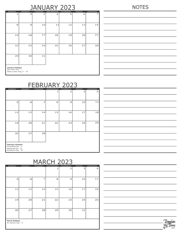 3 Month Calendar 2023