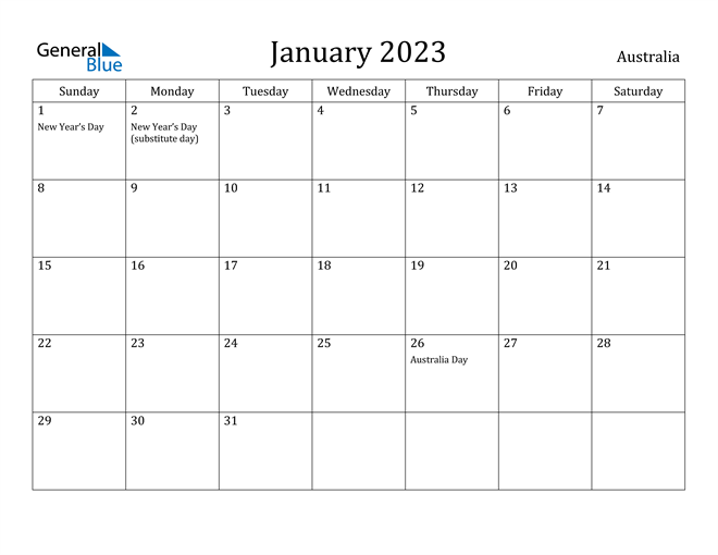 Australia January 2023 Calendar With Holidays