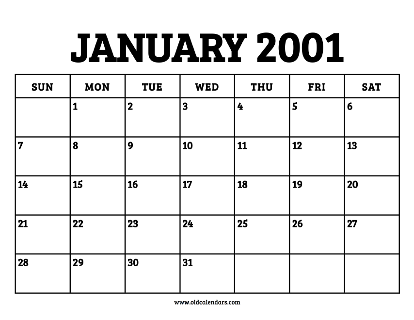 Calendar January 2001 Printable Old Calendars