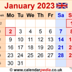 Calendar January 2023 UK With Excel Word And PDF Templates