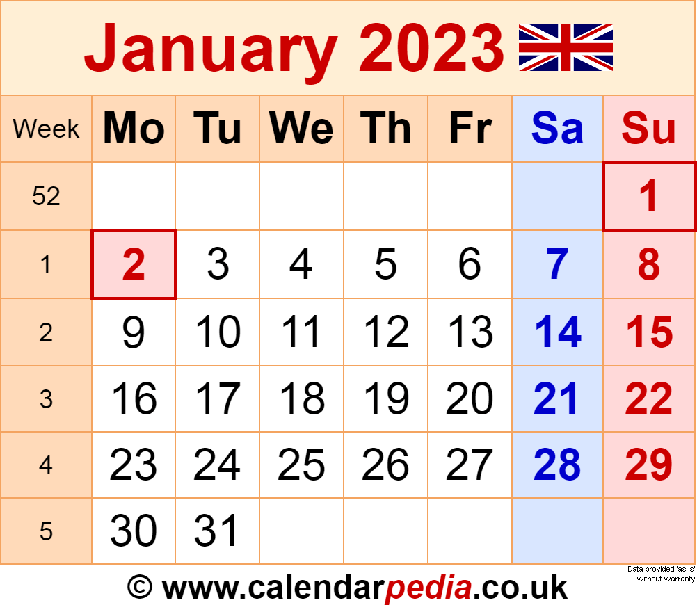 Calendar January 2023 UK With Excel Word And PDF Templates