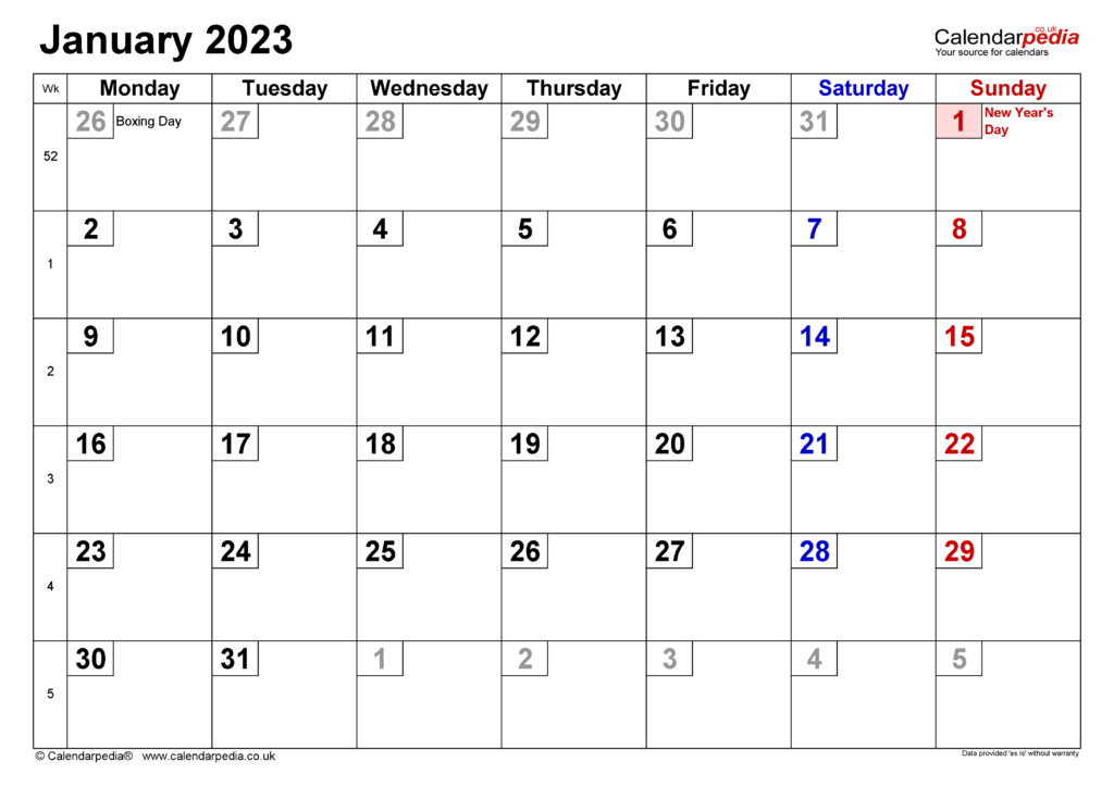 Calendar January 2023 UK With Excel Word And PDF Templates