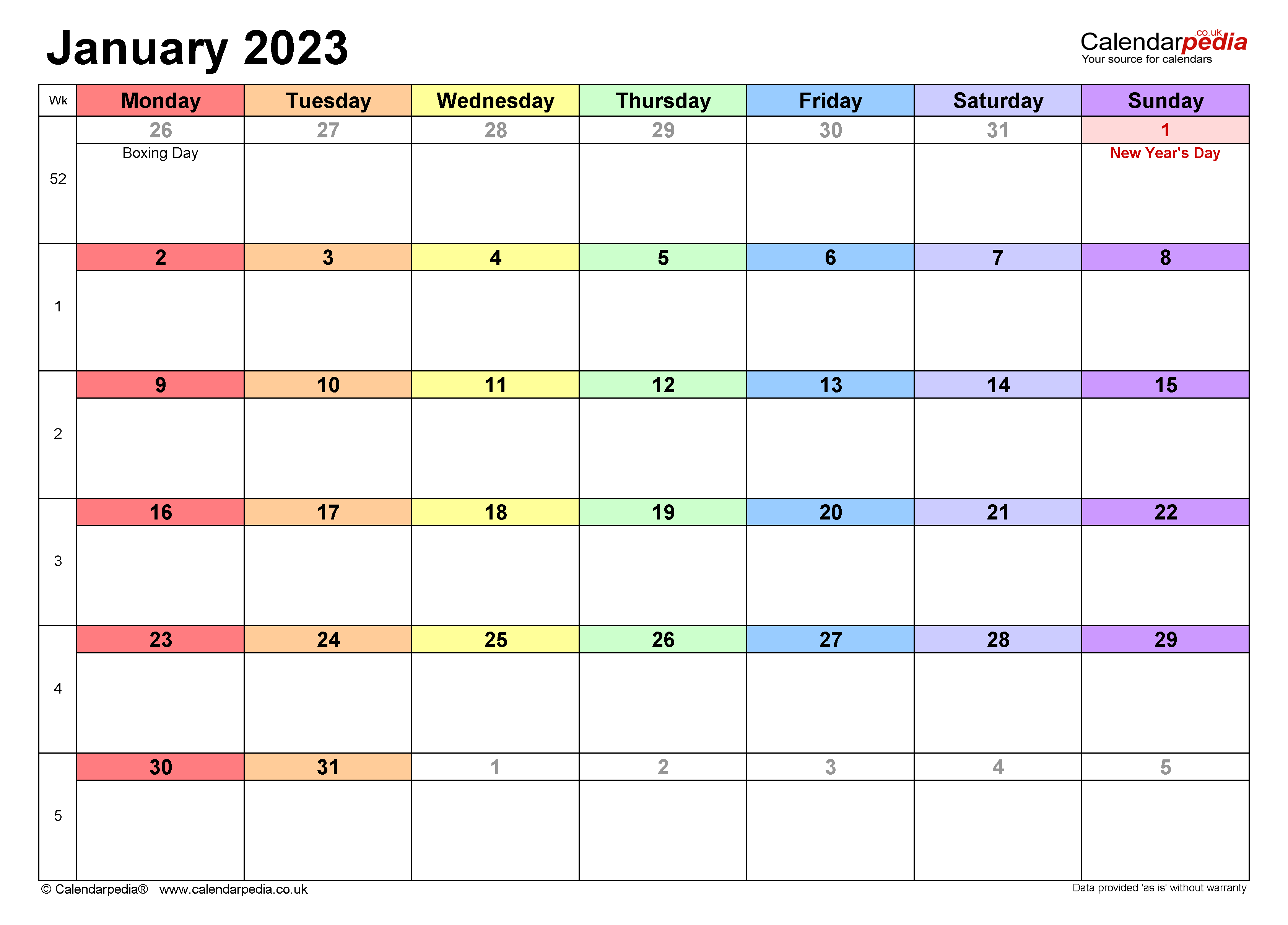 Calendar January 2023 UK With Excel Word And PDF Templates