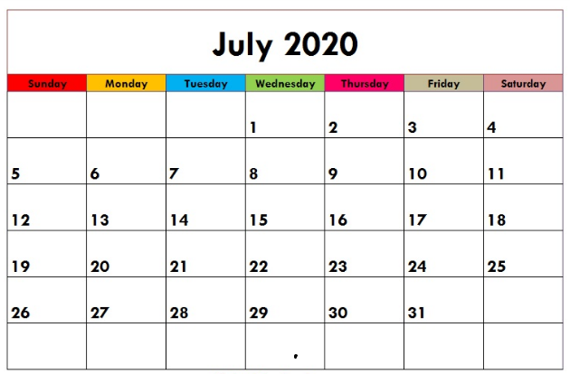 Cute July 2020 Printable Calendar With Holidays Printable Calendar 