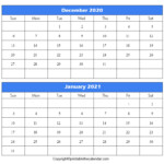 December 2020 January 2021 Calendar Free Printable Template