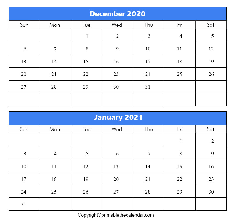 December 2020 January 2021 Calendar Free Printable Template 