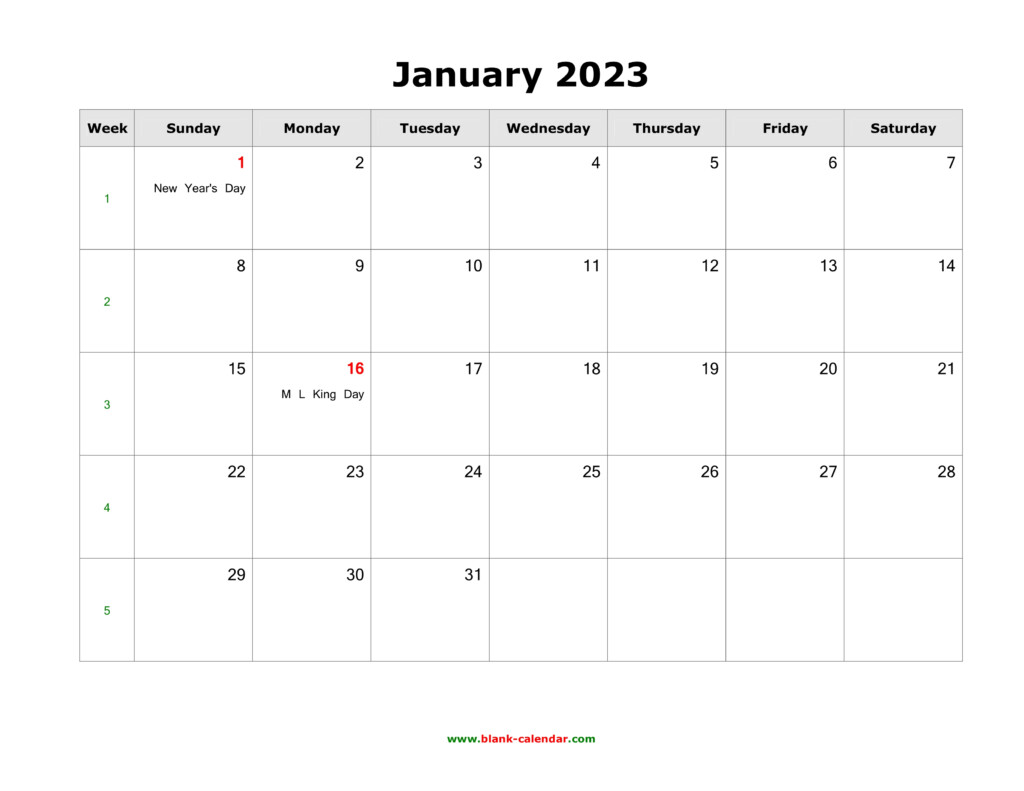 Download January 2023 Blank Calendar With US Holidays horizontal 
