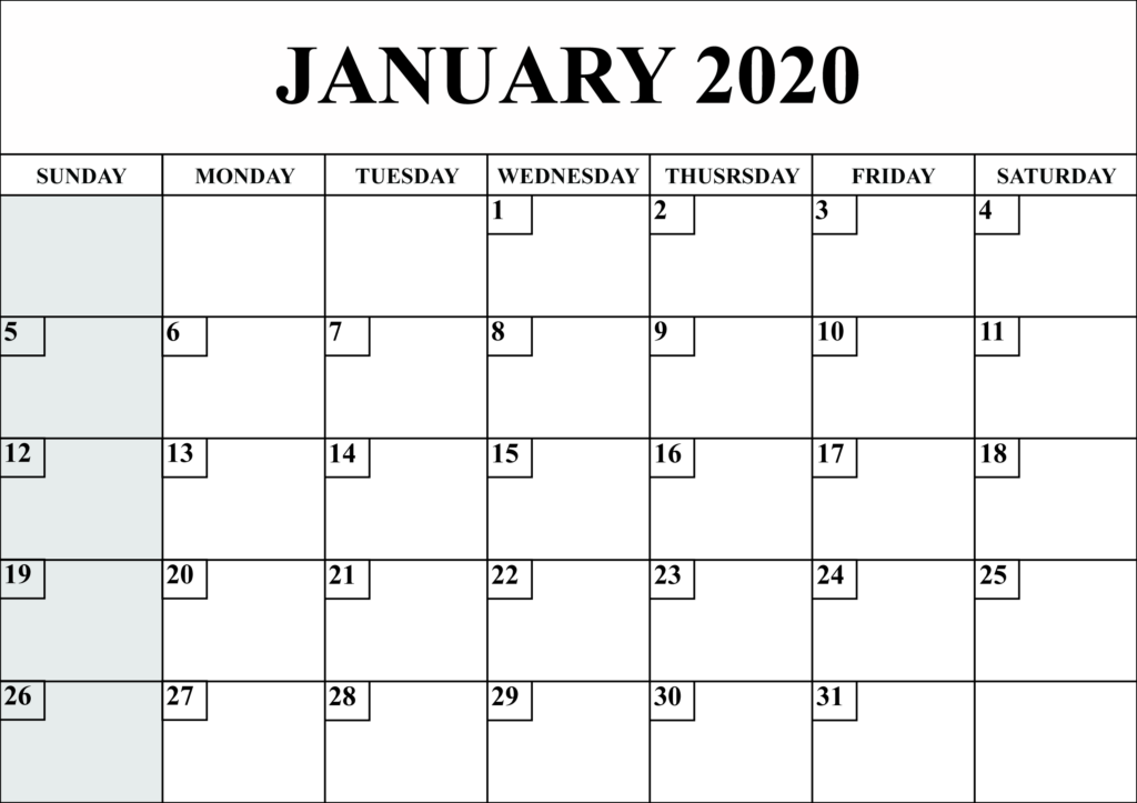 Free Blank January 2020 Calendar Printable PDF Word Excel