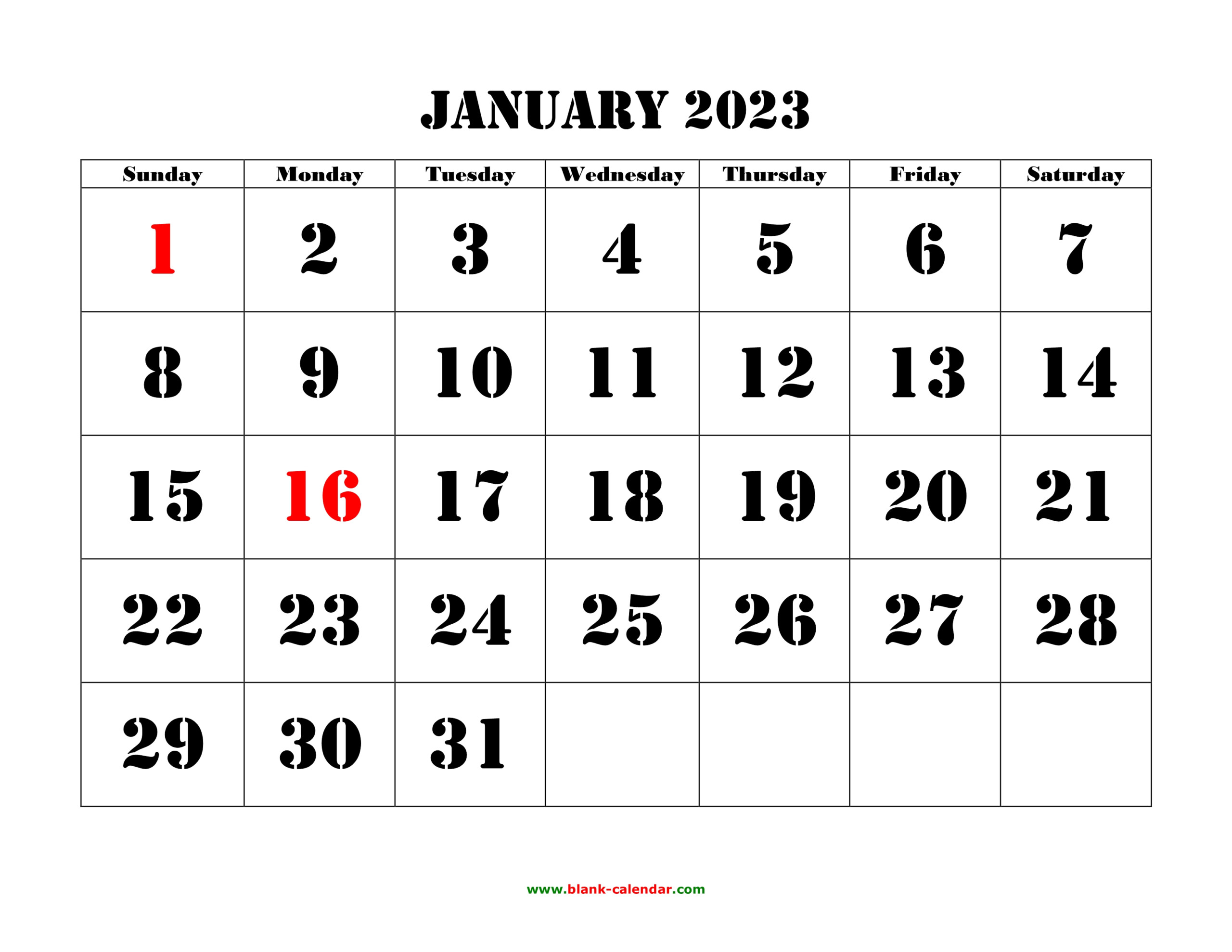 Free Download Printable January 2023 Calendar Large Font Design