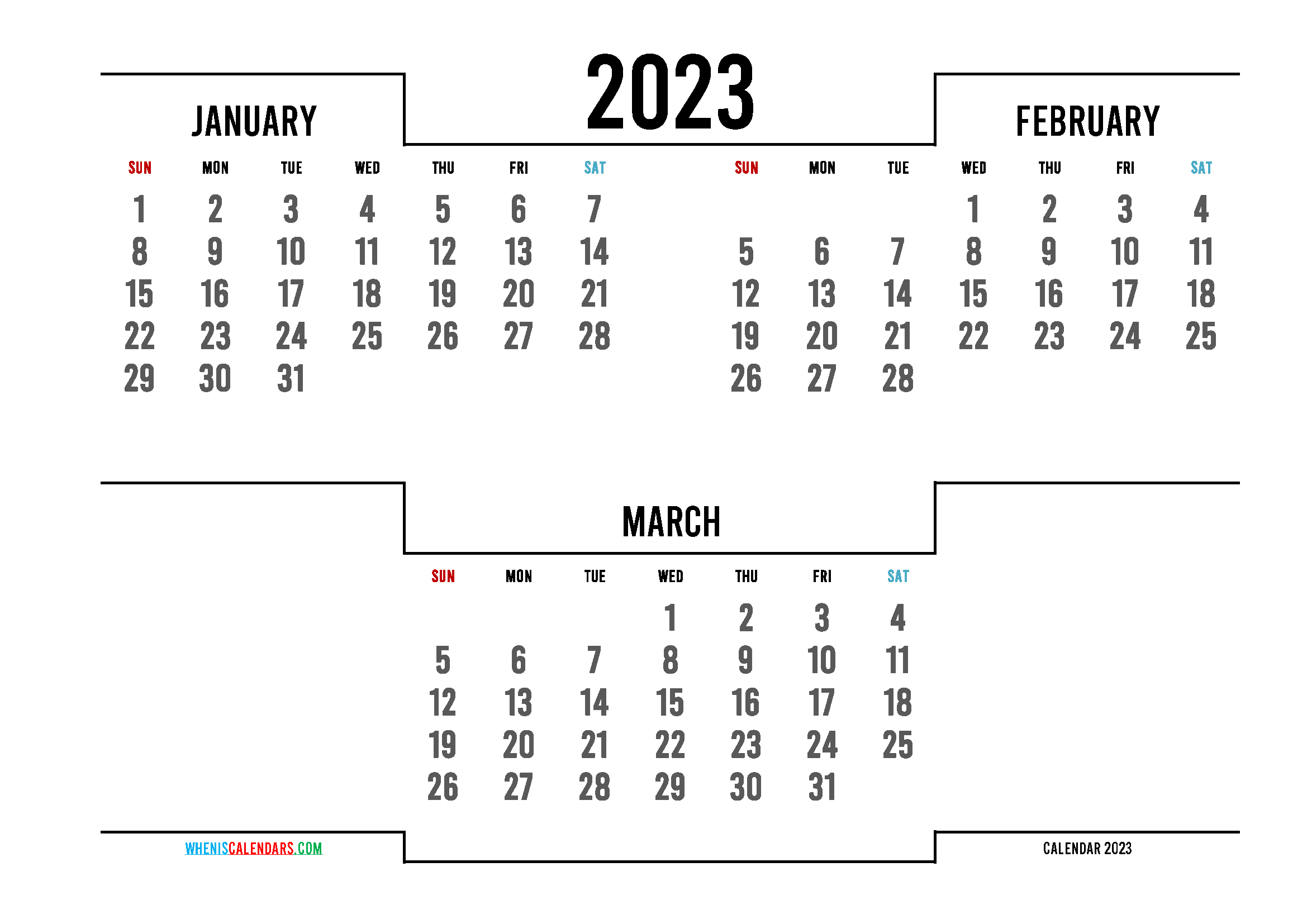 Free January February March 2023 Calendar Printable