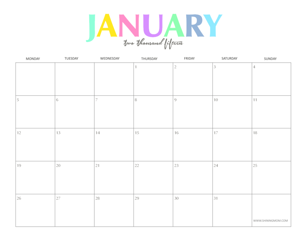 Free Printable January 2015 Calendars