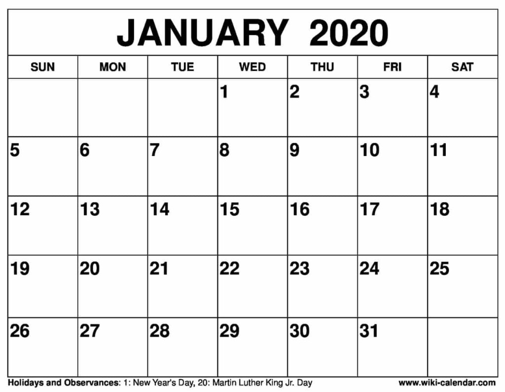 Free Printable January 2020 Calendar Wiki Calendar Com