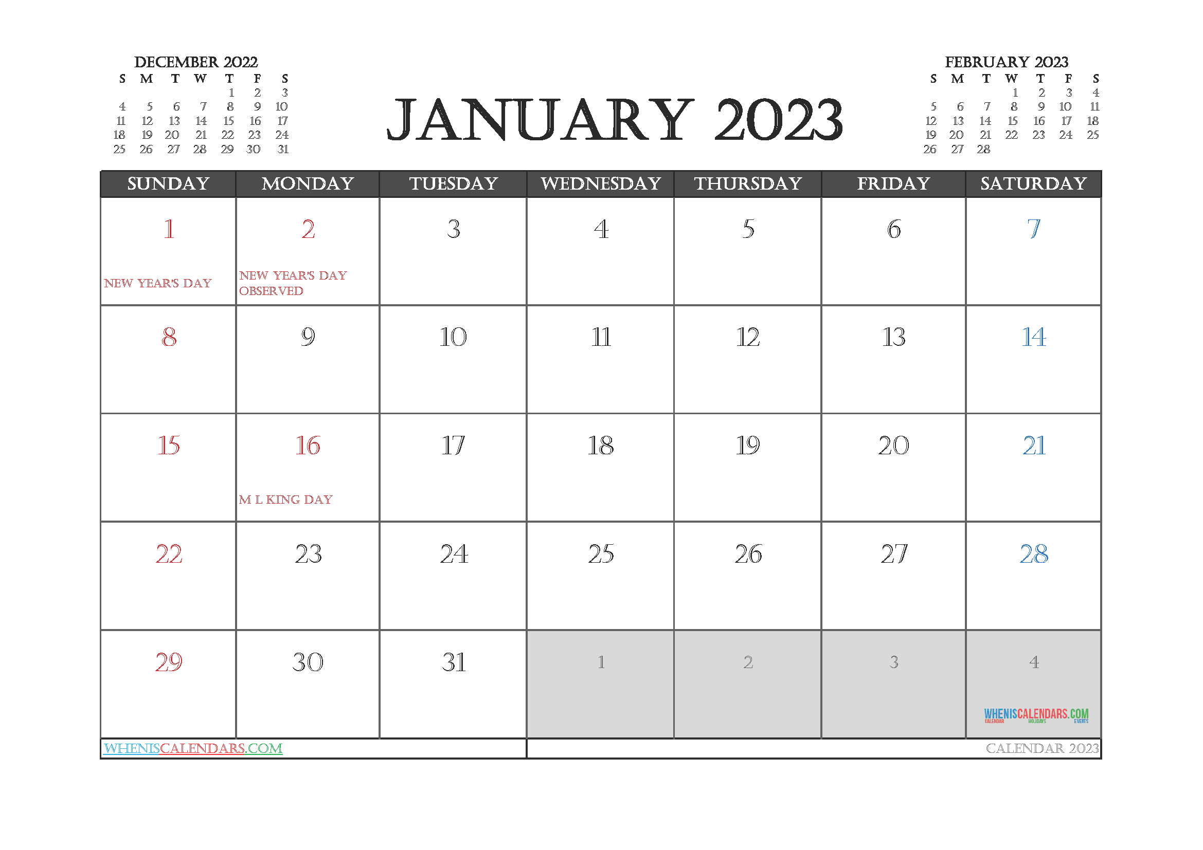 Free Printable January 2023 Calendar 12 Templates Templates