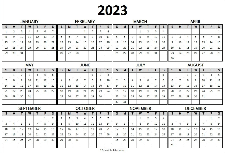 Jan To Dec 2023 Calendar Template Free Printable Templates