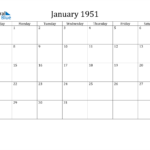 January 1951 Calendar PDF Word Excel