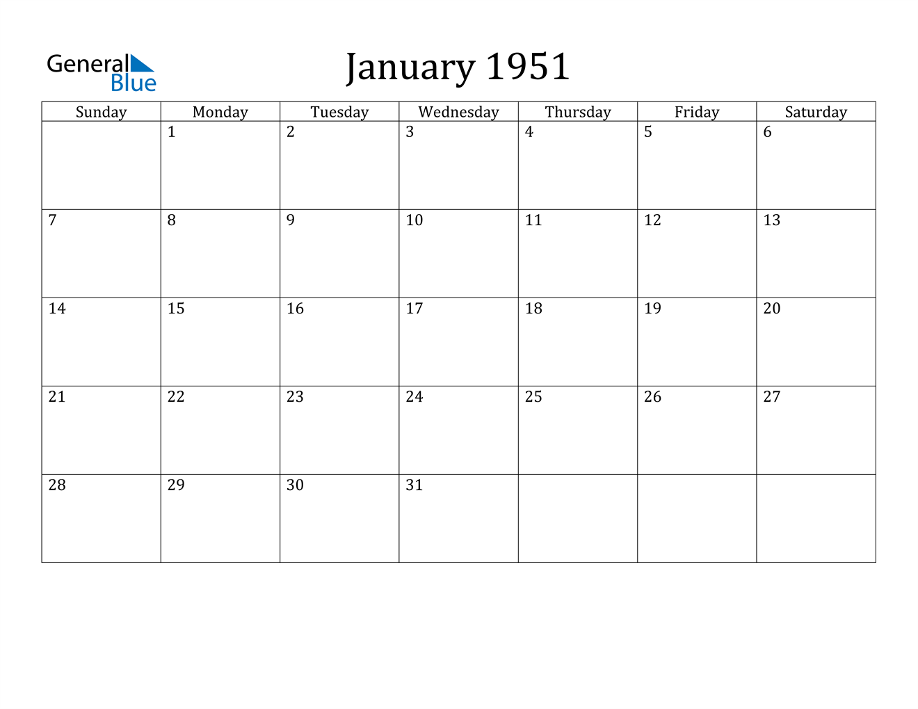 January 1951 Calendar PDF Word Excel