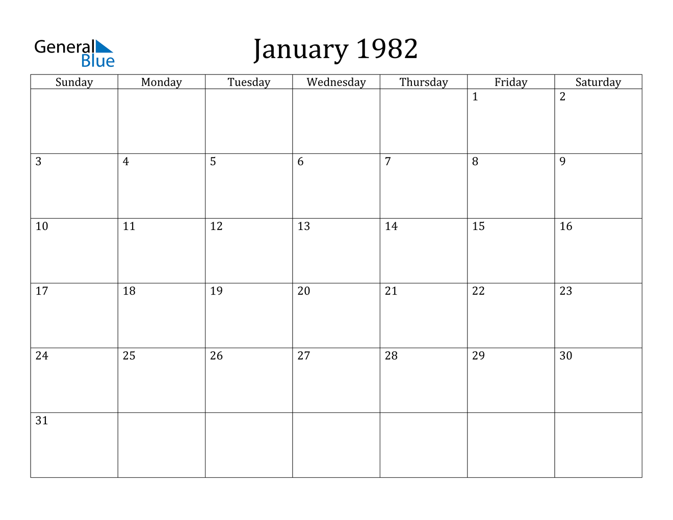 January 1982 Calendar PDF Word Excel