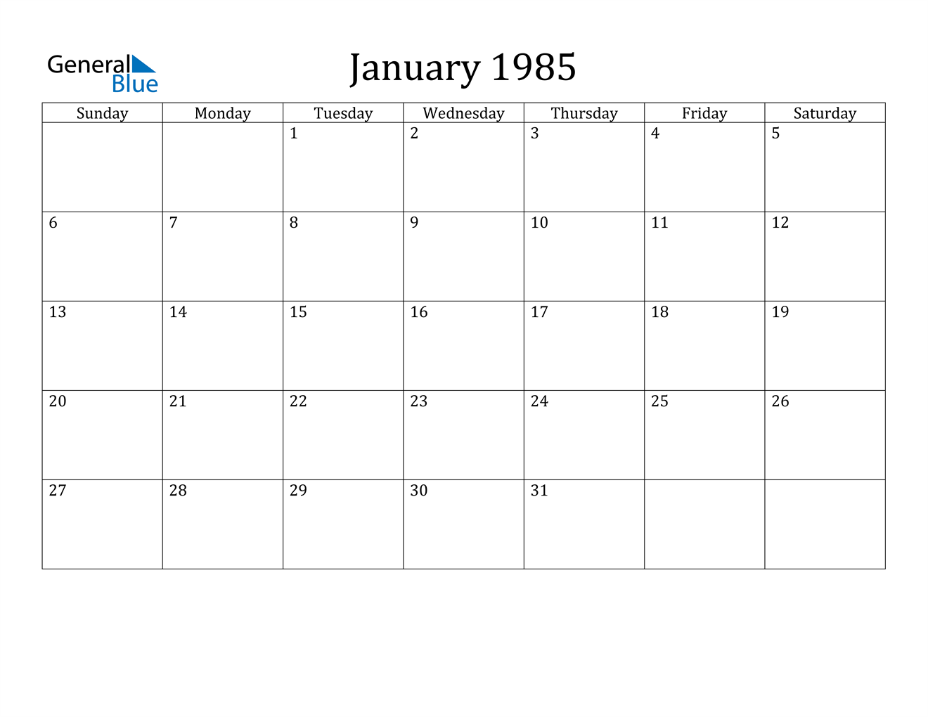 January 1985 Calendar PDF Word Excel