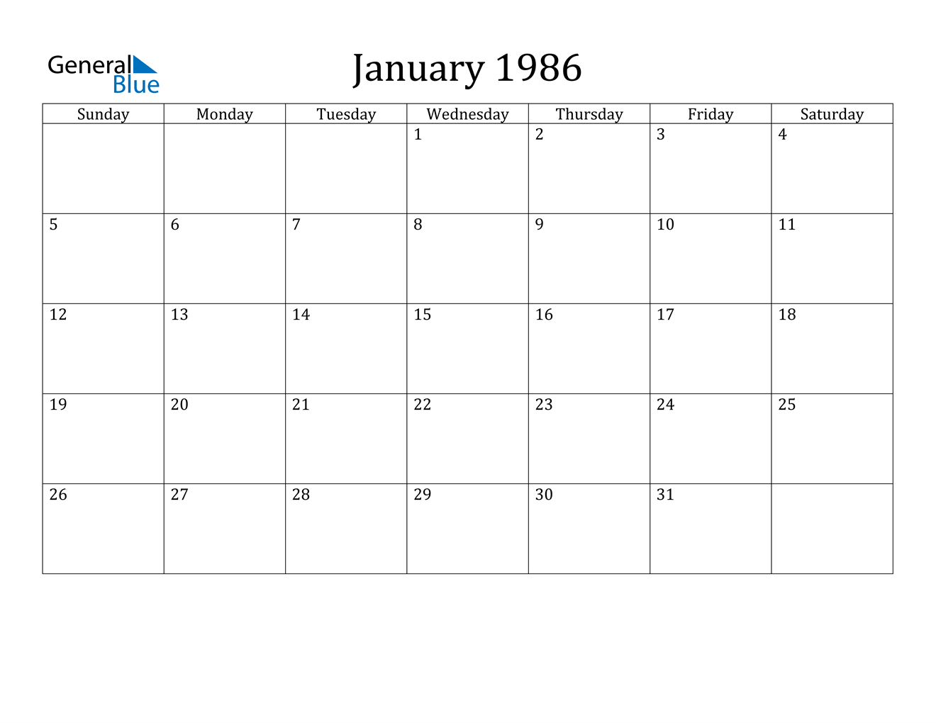 January 1986 Calendar PDF Word Excel