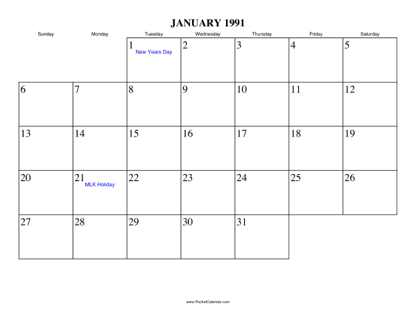 January 1991 Calendar