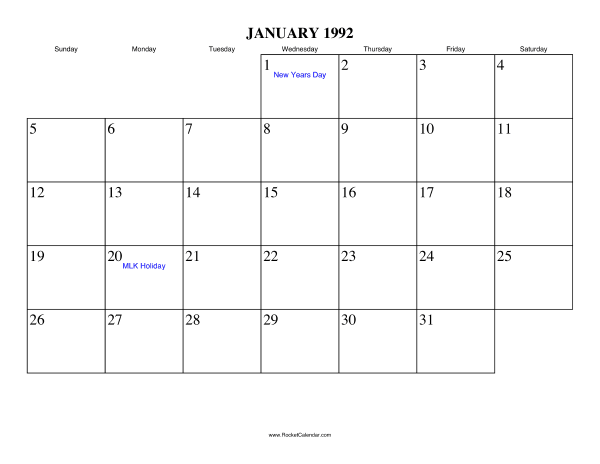 January 1992 Calendar