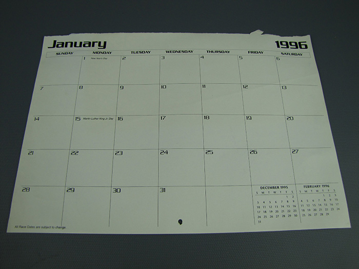 January 1996 NASCAR Calendar Page Print Autographed By Dale Earnhardt 