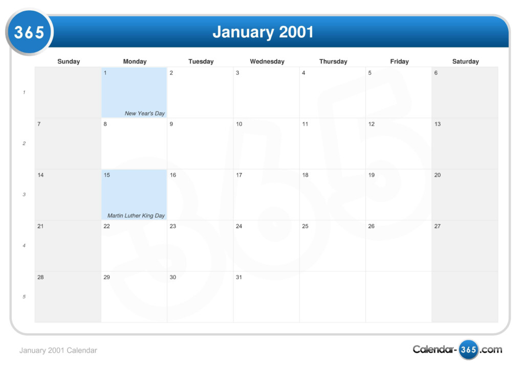 January 2001 Calendar
