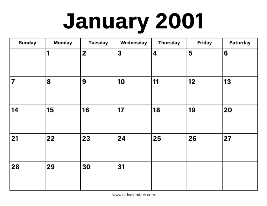 January 2001 Calendar Old Calendars
