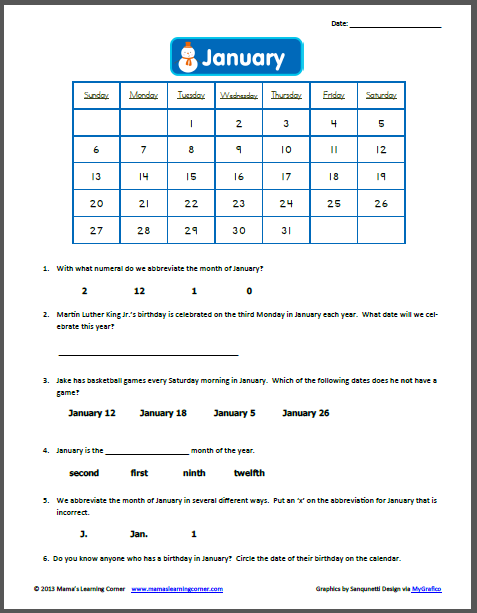 January 2013 Calendar Worksheet Mamas Learning Corner