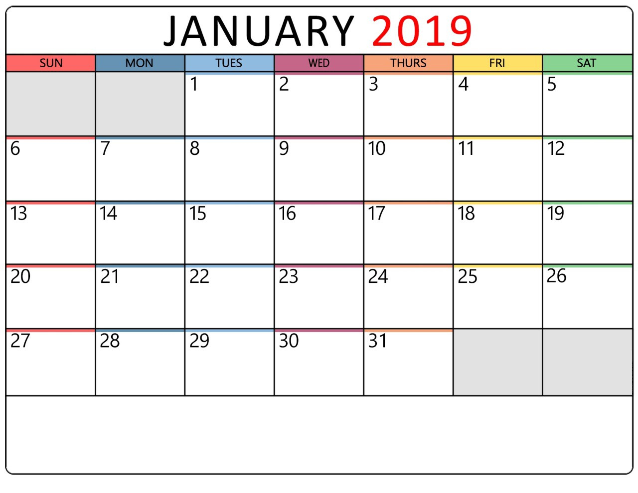 January 2019 Calendar Printable Templates January Calendar Medium