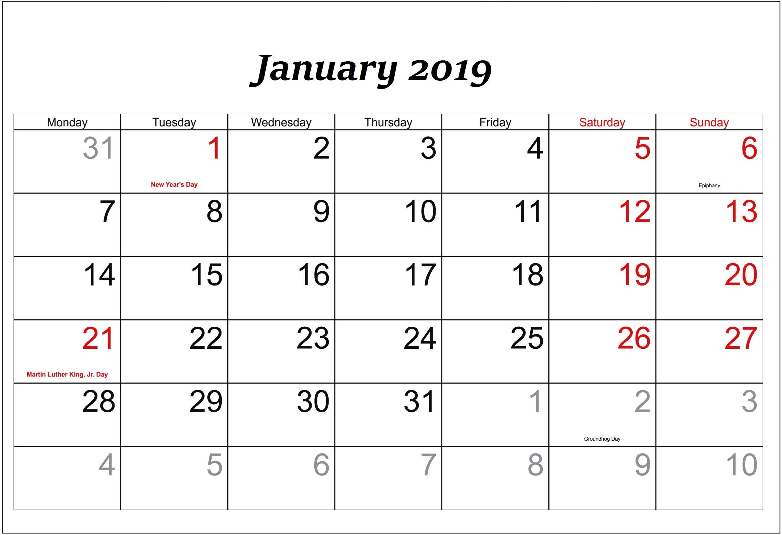January 2019 Calendar With Holiday To Do List 2019 Calendar January