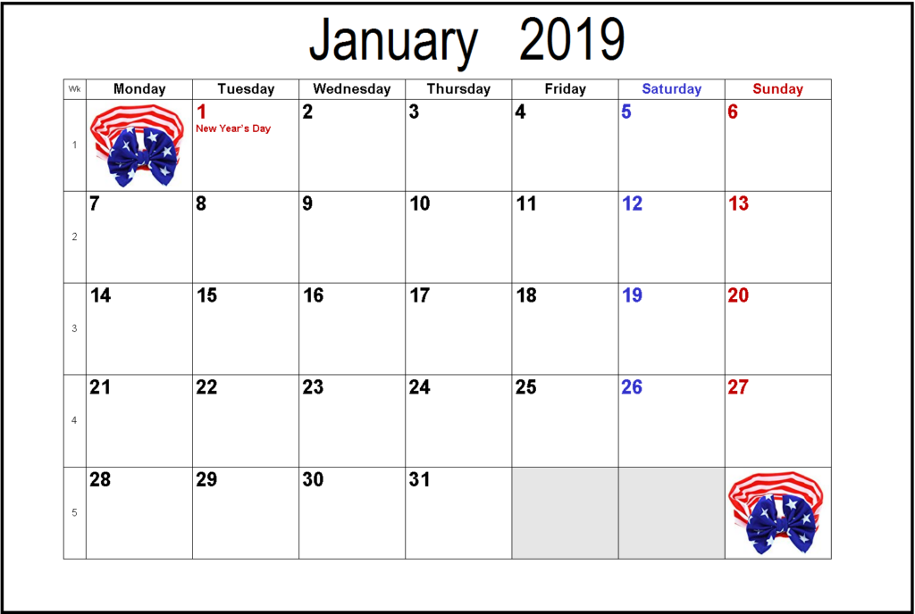 January 2019 United States Calendar Usa Holidays Holiday Calendar 