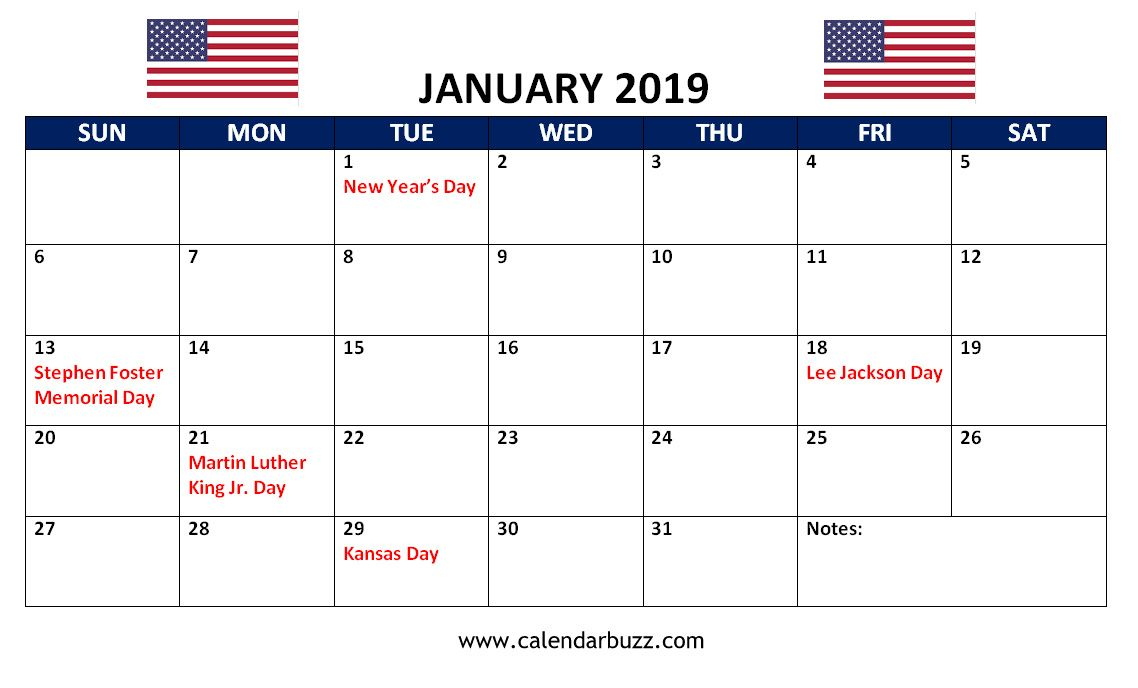 January 2019 Us Holidays Calendar Holiday Calendar Printable Holiday