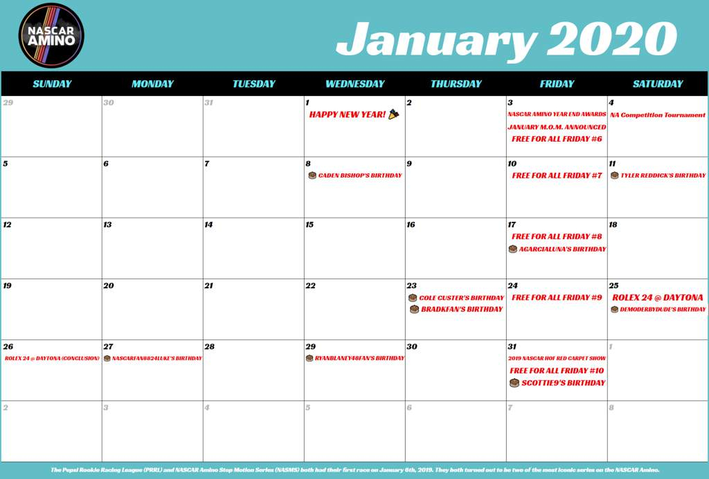 January 2020 NASCAR Amino Calendar NASCAR Amino