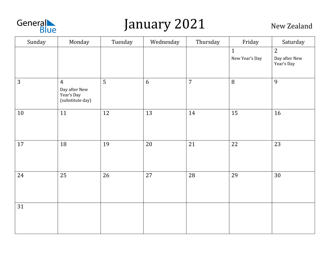 January 2021 Calendar New Zealand