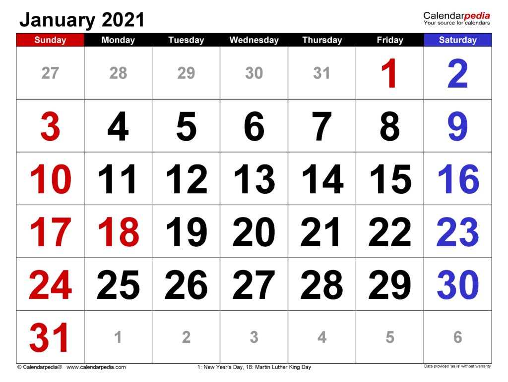 January 2021 Calendar Templates For Word Excel And PDF