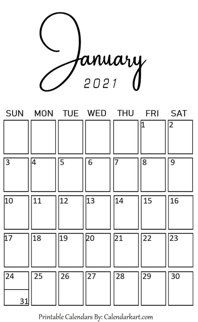 January 2021 Portrait Vertical Style Calendar Calendar Printables 