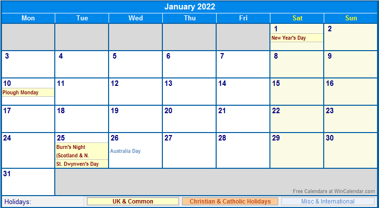 January 2022 UK Calendar With Holidays For Printing image Format