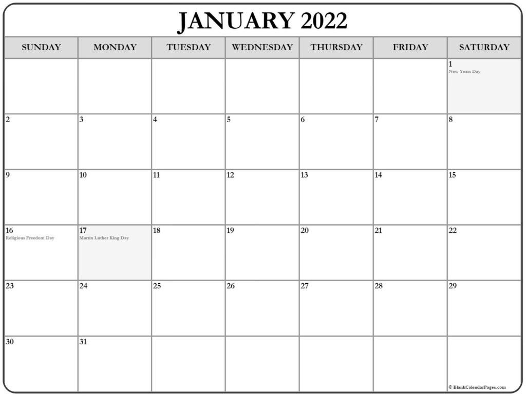 January 2022 With Holidays Calendar