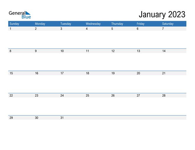 January 2023 Calendar PDF Word Excel 