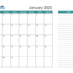 January 2023 Calendar PDF Word Excel 
