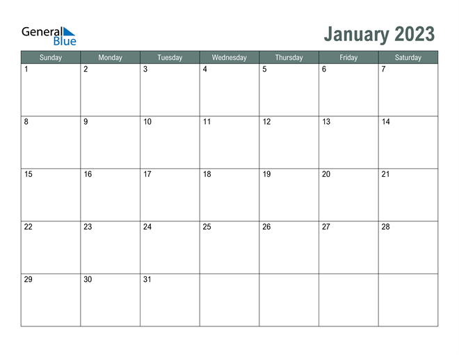 January 2023 Calendar PDF Word Excel 