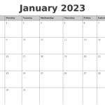 January 2023 Monthly Calendar Printable