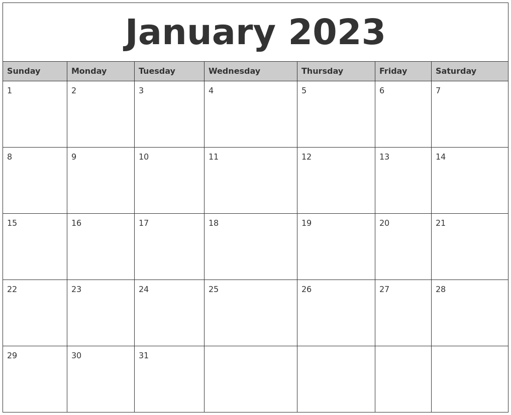 2023 January Calendar Printable Pdf JanuaryCalendar