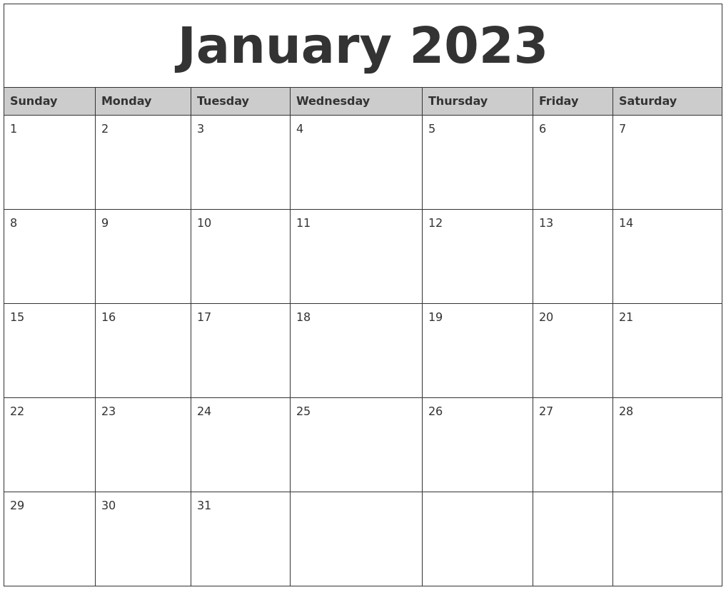 January 2023 Monthly Calendar Printable